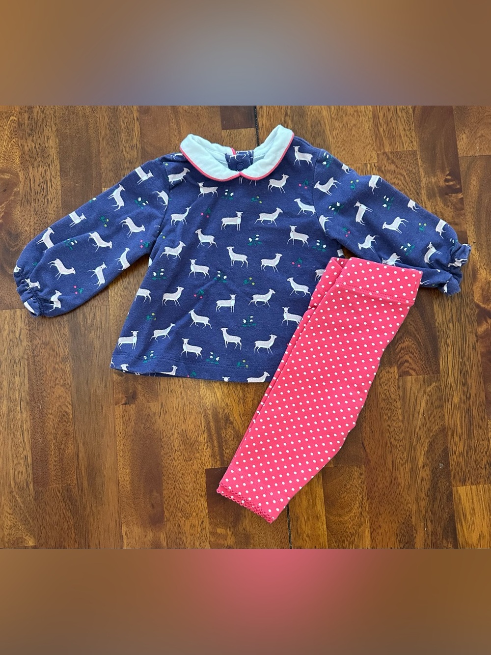 Baby Boden Navy Deer Print Top with Pink Polka Dot Leggings